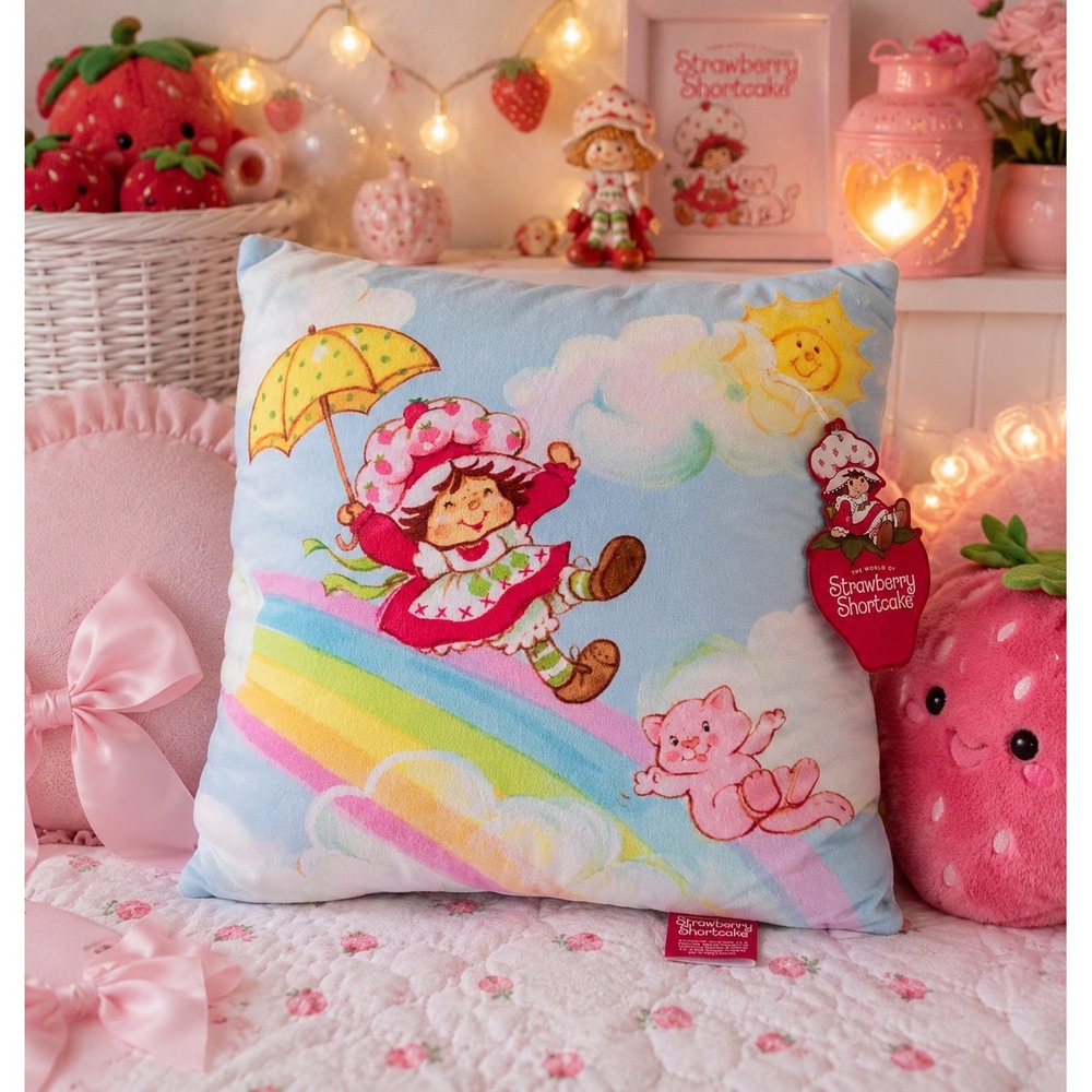 NWT Strawberry Shortcake Squishy Throw Pillow Blue Rainbow Plush Kawaii Cute